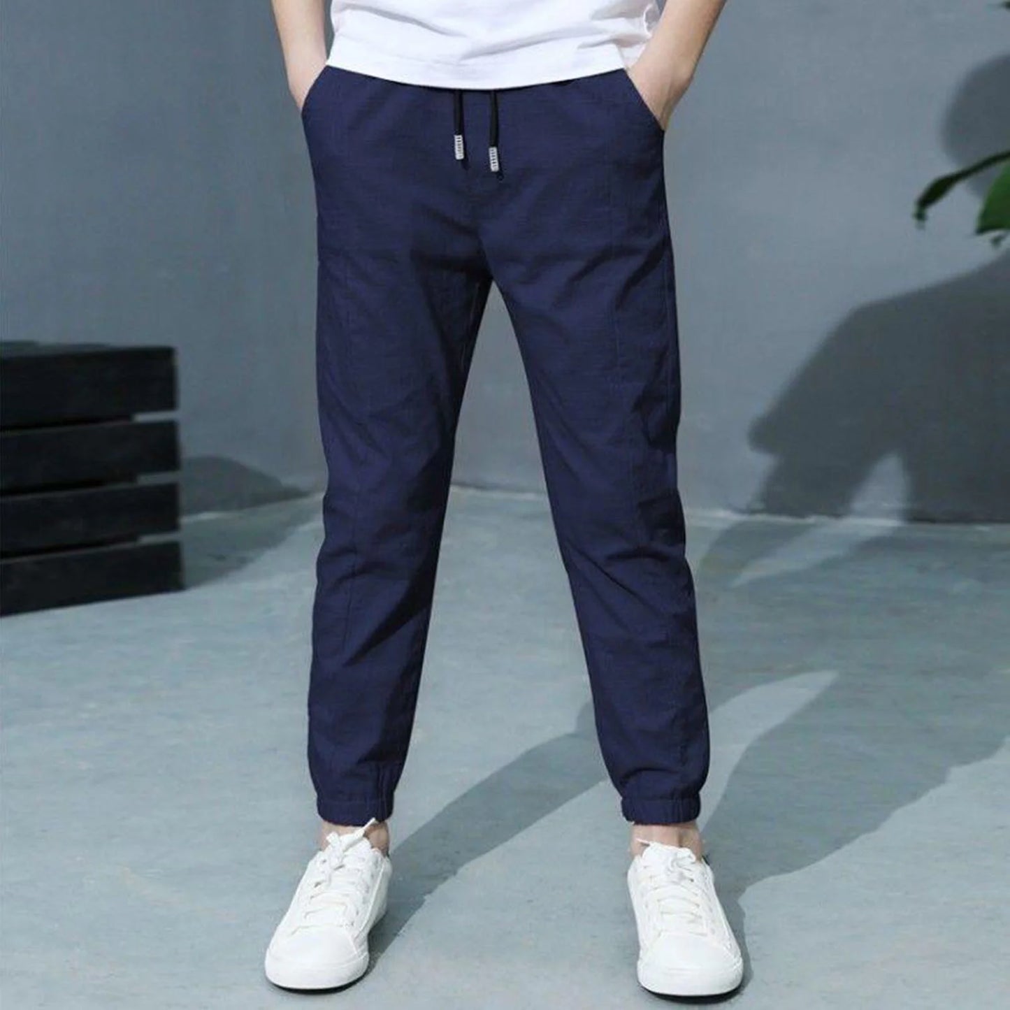 Boys Cotton Linen Pants Childrens Slim Fit Straight Leg Pants Drawstring Elastic Waist Pant with Pocket Casual Outwear Pants Clearance Sale Navy,9 Years
