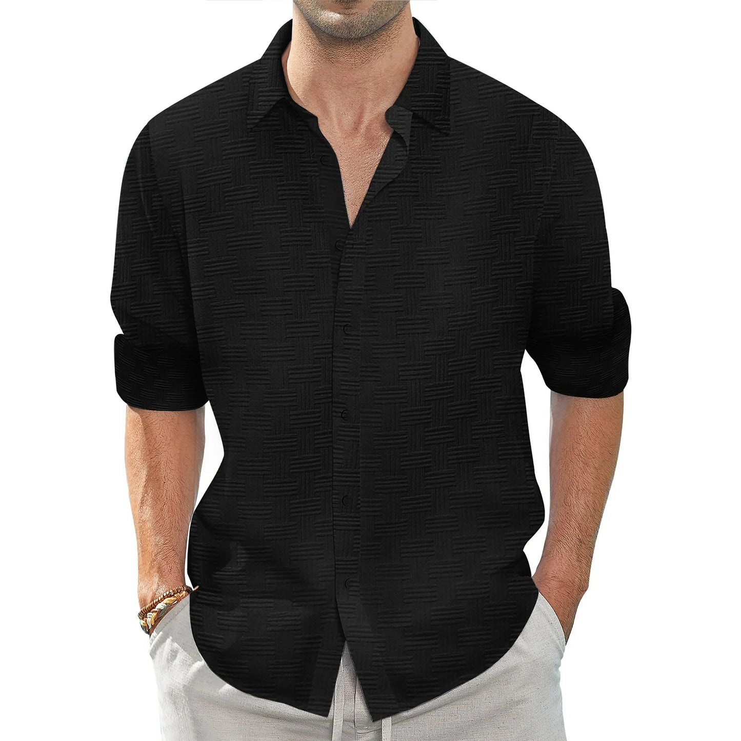 Button down Mens Shirts Long Sleeve Shirts for Men Solid Texturet-Shirts