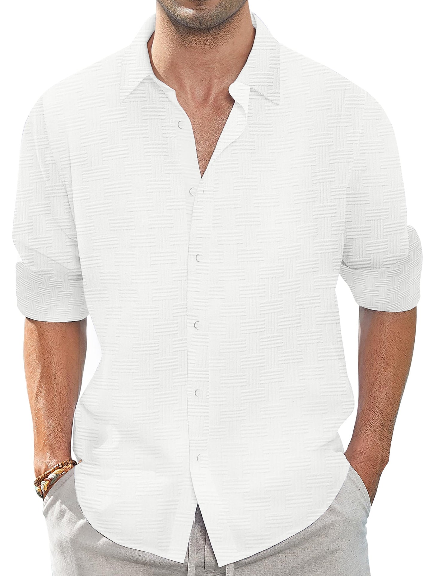 Button down Mens Shirts Long Sleeve Shirts for Men Solid Texturet-Shirts