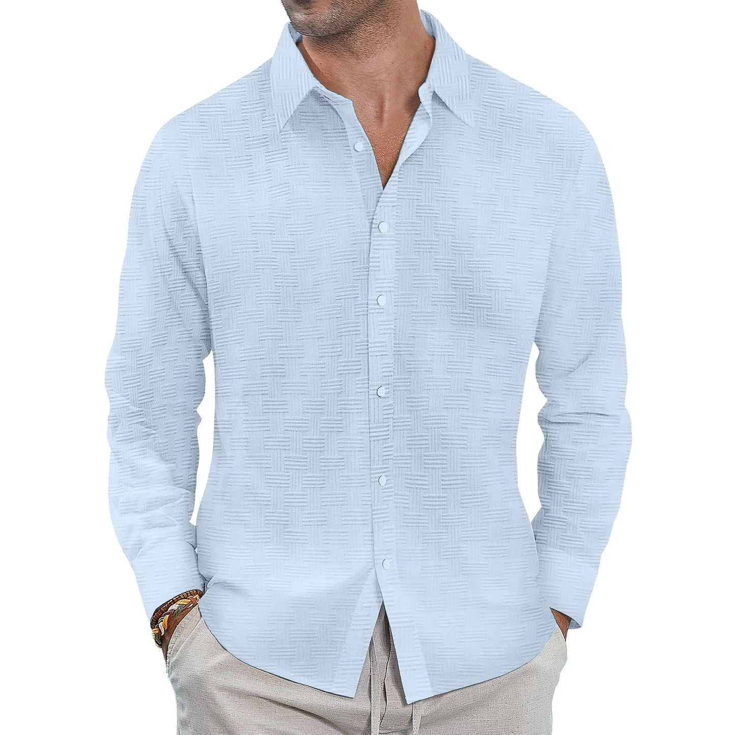 Button down Mens Shirts Long Sleeve Shirts for Men Solid Texturet-Shirts