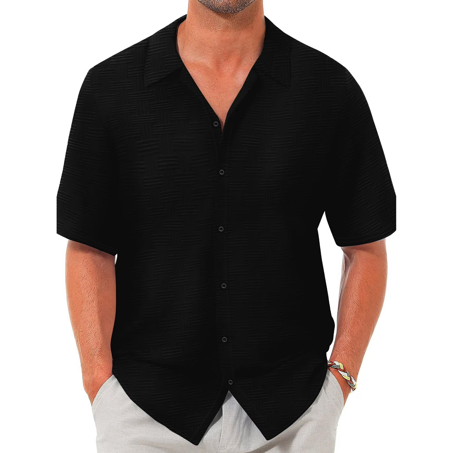 Button down Mens Shirts Long Sleeve Shirts for Men Solid Texturet-Shirts