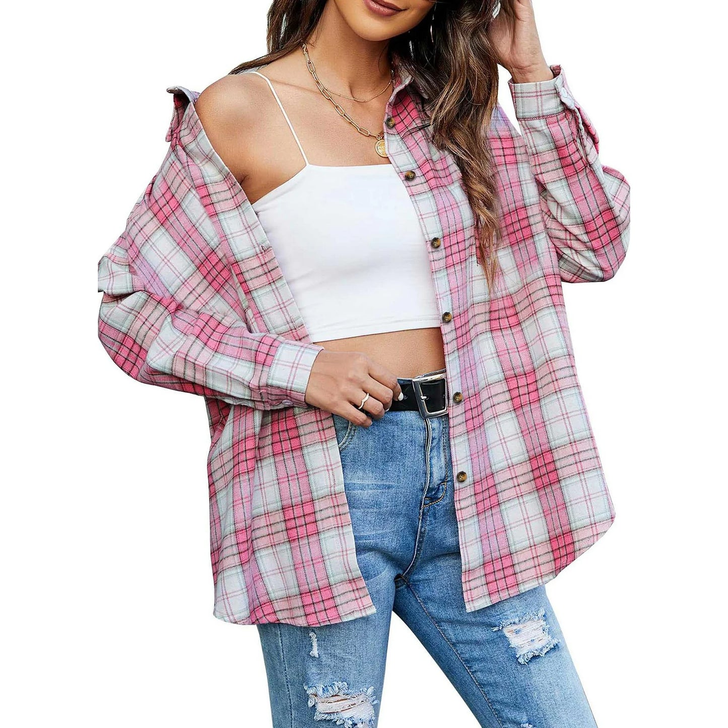 Plaid Flannel Shirts for Women Oversized Long Sleeve Button down Shirts Blouses Tops