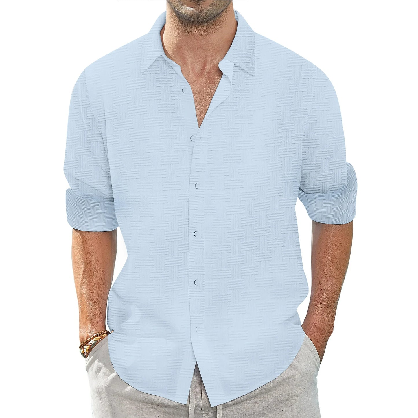 Button down Mens Shirts Long Sleeve Shirts for Men Solid Texturet-Shirts