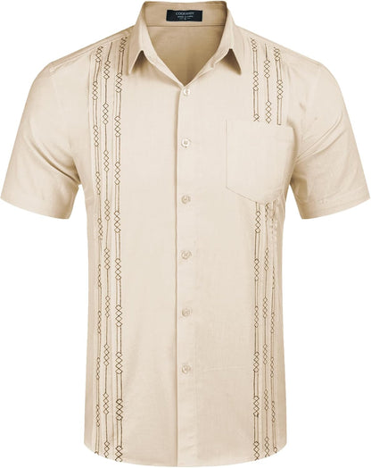 Mens Cuban Guayabera Shirt Short Sleeve Linen Button down Shirts Casual Summer Beach Tops
