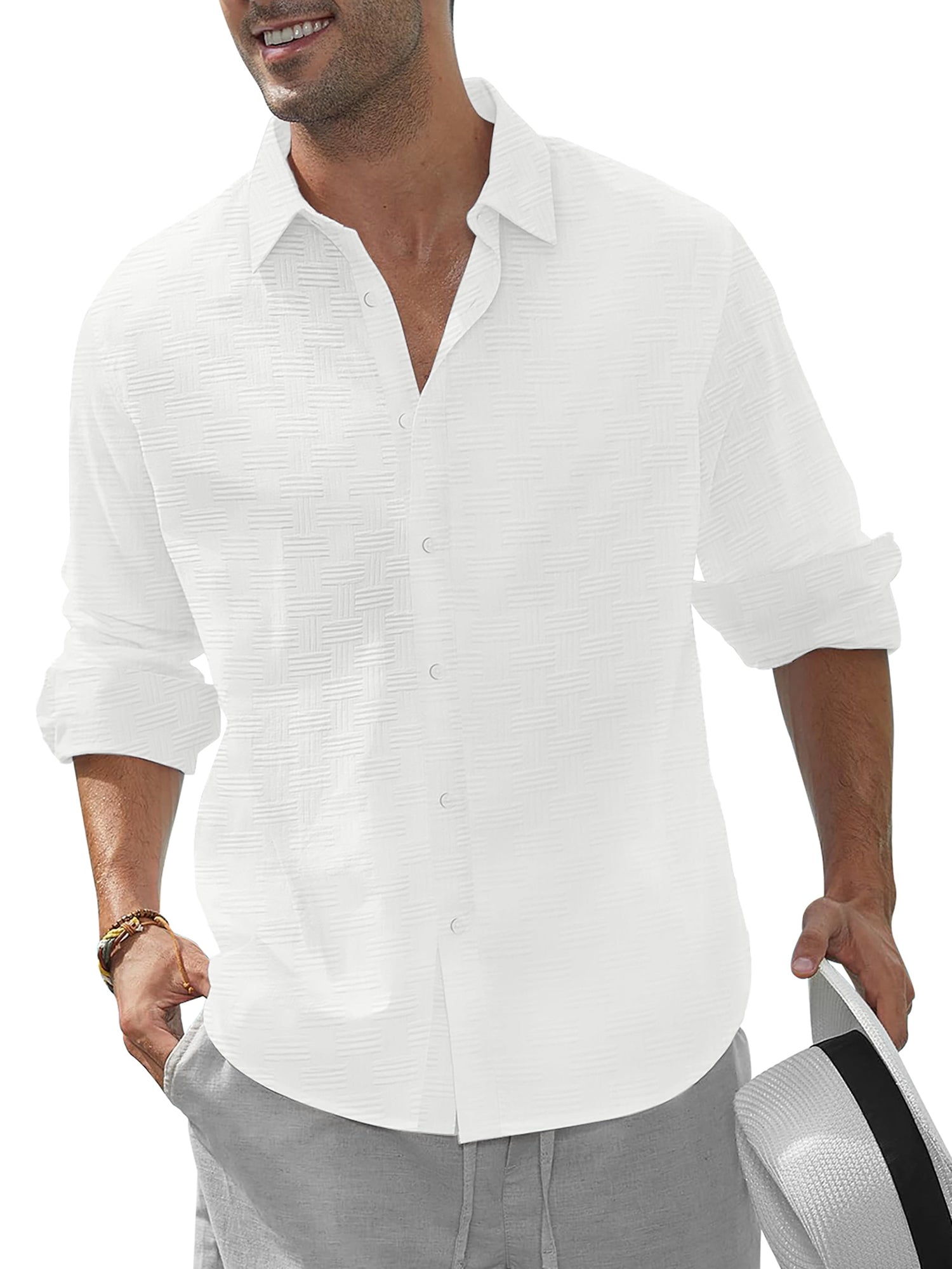 Button down Mens Shirts Long Sleeve Shirts for Men Solid Texturet-Shirts