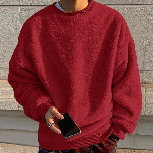 Men'S Fleece Sweatshirt Oversized Solid Drop Shoulder Shirts Winter Long Sleeve round Neck Shirt Big and Tall Loose Fit Streetwear Tops Red M