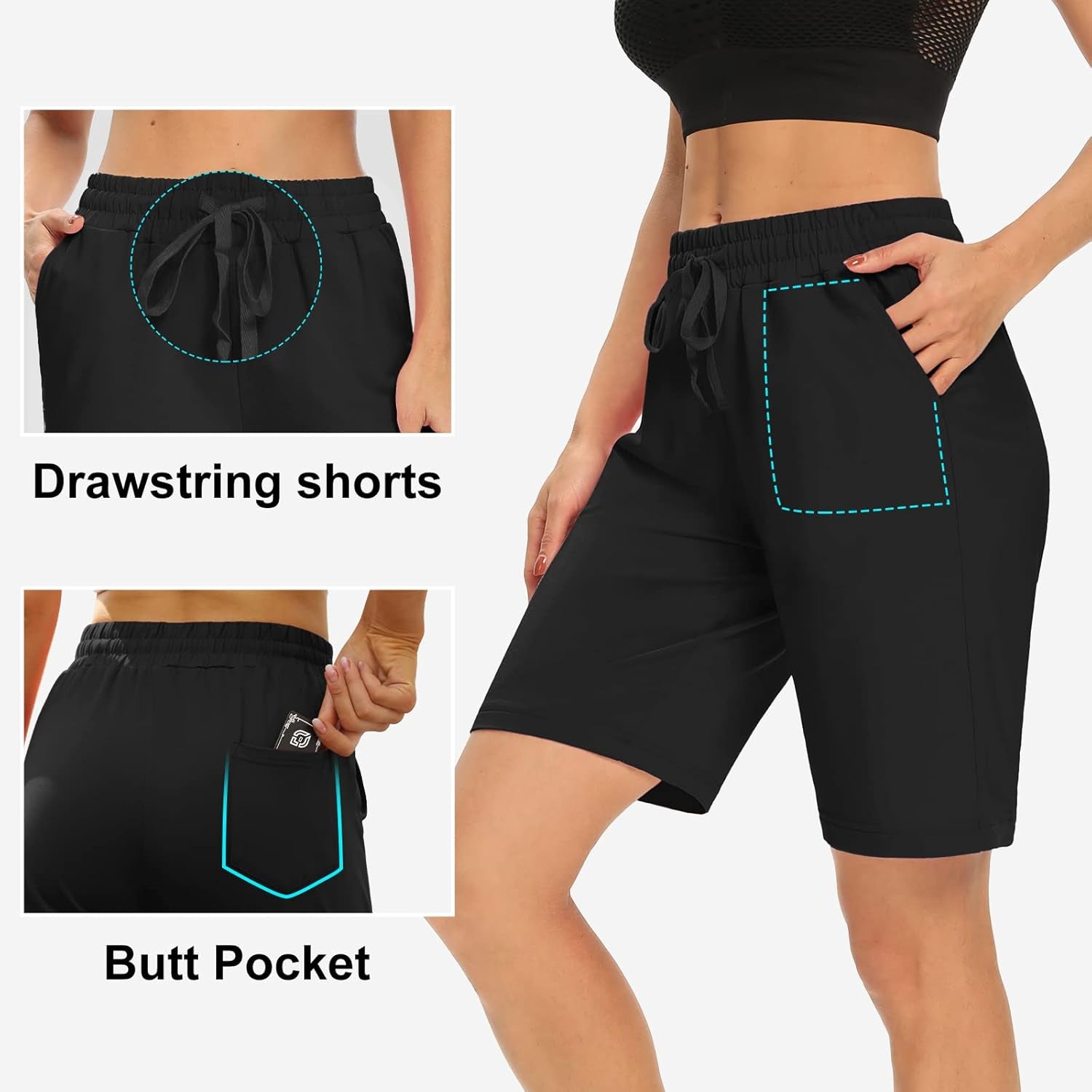 Womens Yoga Shorts Loose Comfy Drawstring Lounge Bermuda Shorts with 3 Pockets