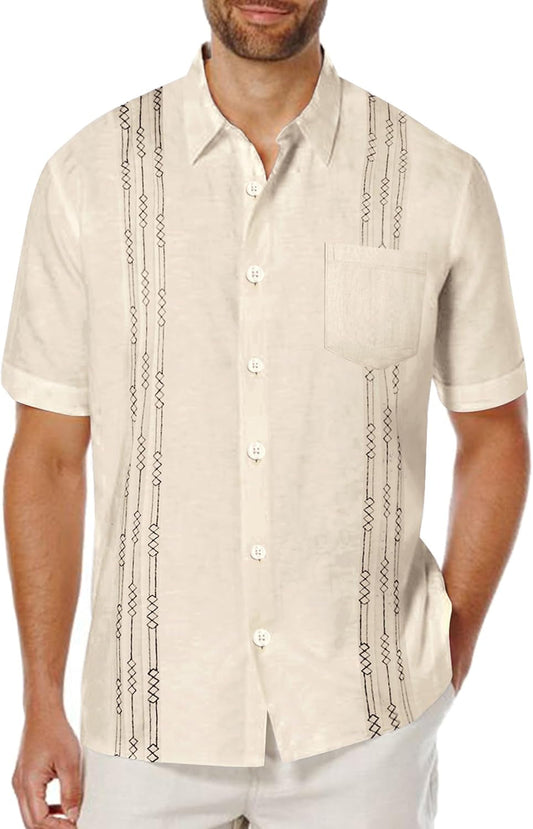 Mens Cuban Guayabera Shirt Short Sleeve Linen Button down Shirts Casual Summer Beach Tops