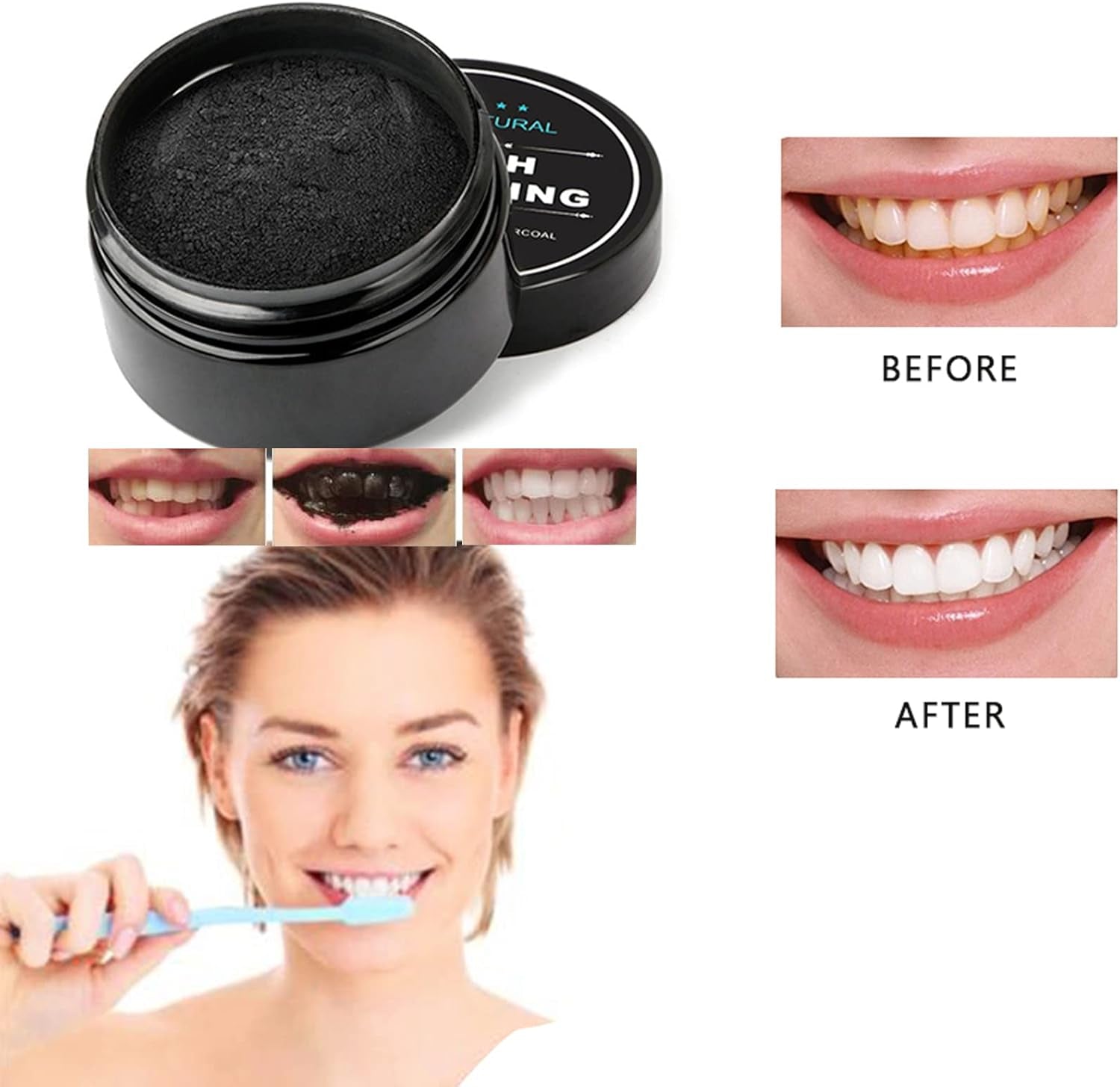 Teeth Whitening Charcoal Powder, Teeth Whitener Powder Oral Care Sets Natural Coconut, No Hurt on Enamel or Gum (1)