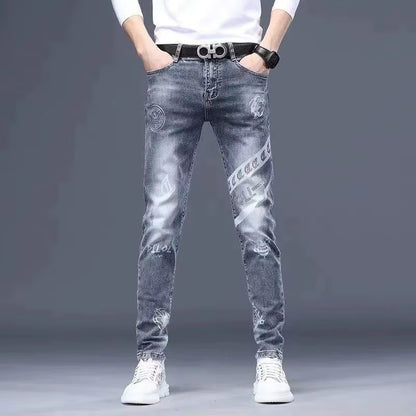 High End Stylish Classic Distinctive Printed Black Stretch Denim Jeans for Men High Quality Slim Fit Stretch Luxury Denim Pants