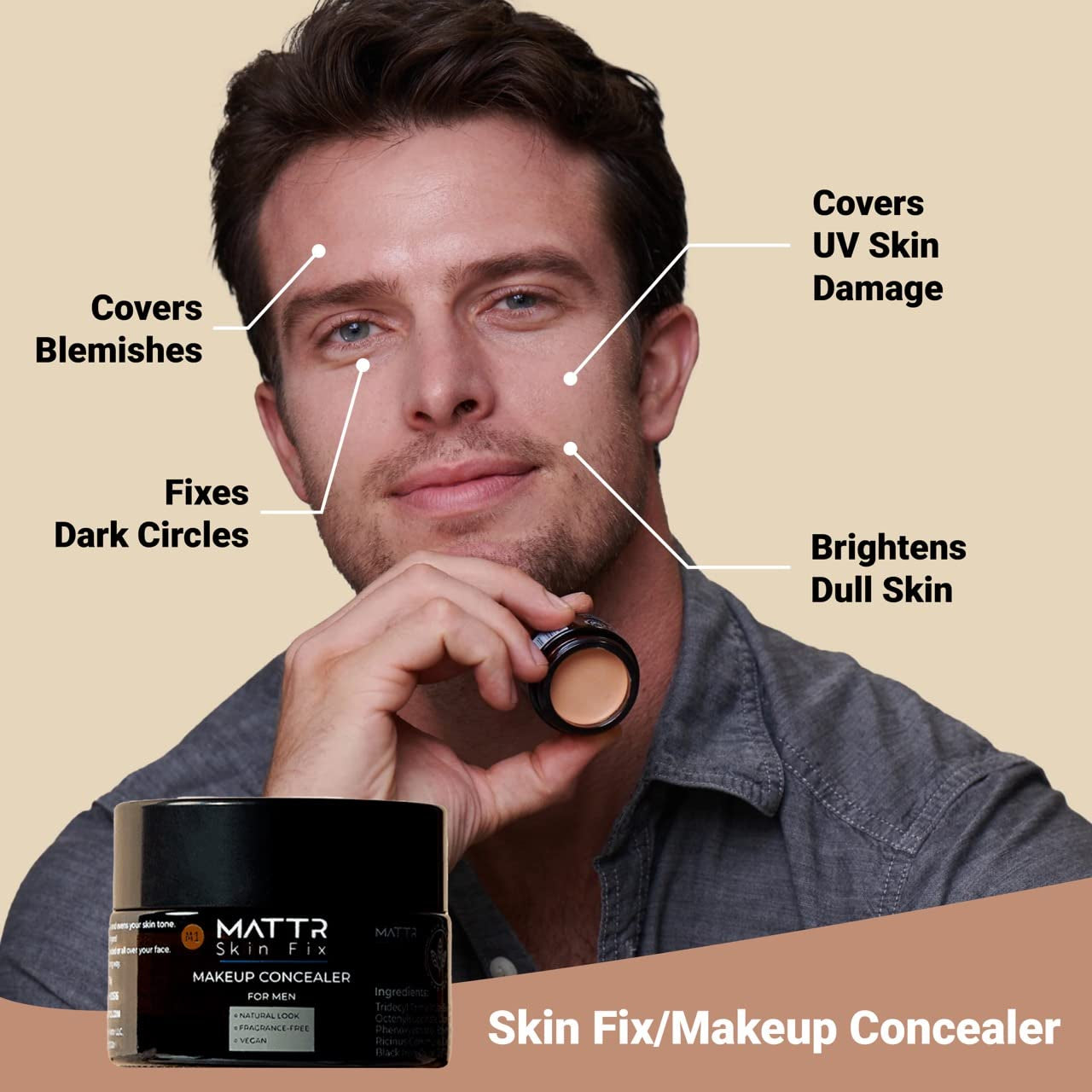 Skin Fix - Luxury - Easy for Men - Tinted Concealer - Visibly Covers Fine Lines, Under-Eye Bags, Razor Burns, Pimples - Vegan Makeup - Perfect for Gym Bag or Travel - 15G (F1)