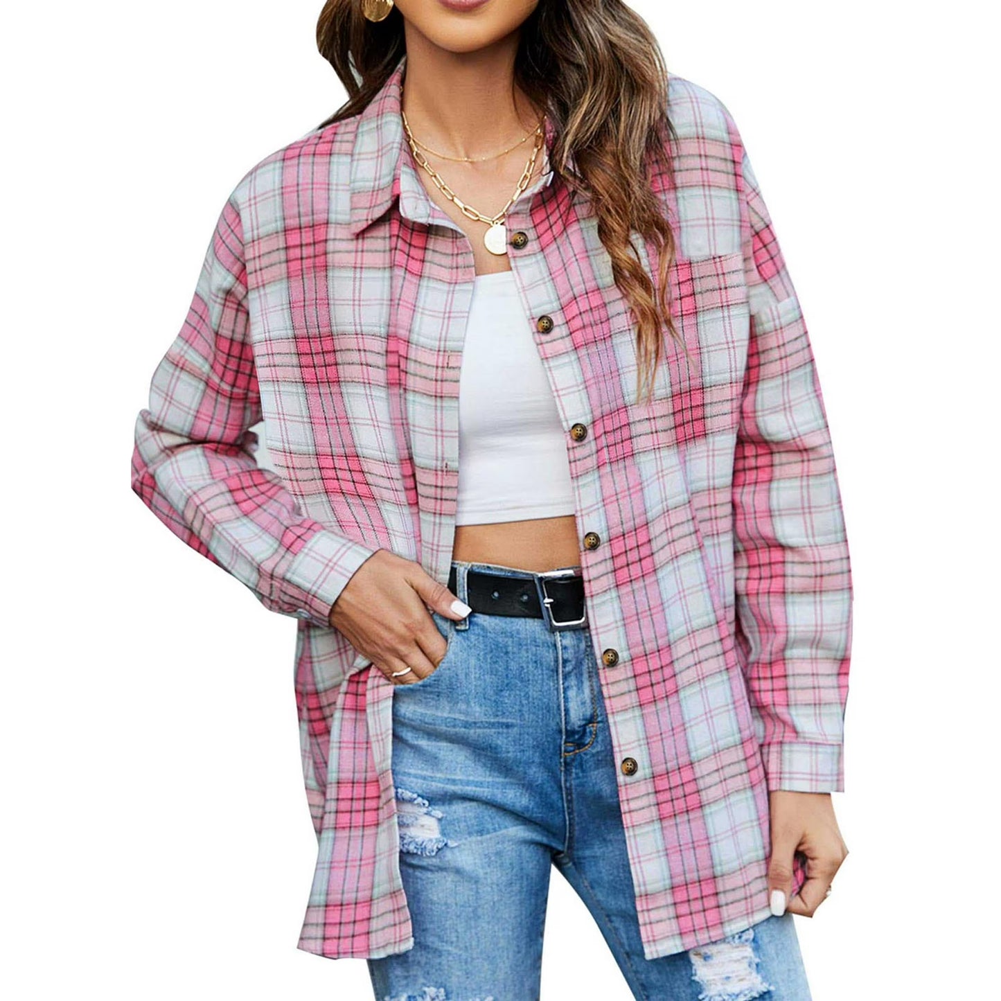 Plaid Flannel Shirts for Women Oversized Long Sleeve Button down Shirts Blouses Tops