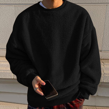 Men'S Fleece Sweatshirt Oversized Solid Drop Shoulder Shirts Winter Long Sleeve round Neck Shirt Big and Tall Loose Fit Streetwear Tops Red M