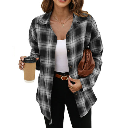 Plaid Flannel Shirts for Women Oversized Long Sleeve Button down Shirts Blouses Tops