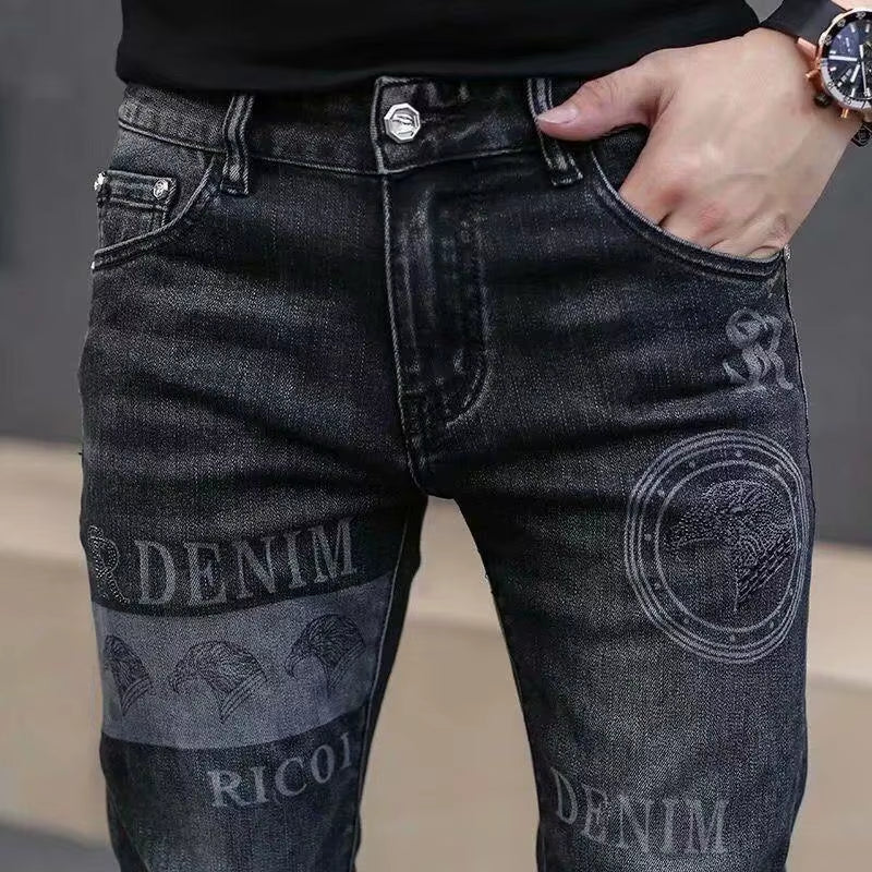 High End Stylish Classic Distinctive Printed Black Stretch Denim Jeans for Men High Quality Slim Fit Stretch Luxury Denim Pants