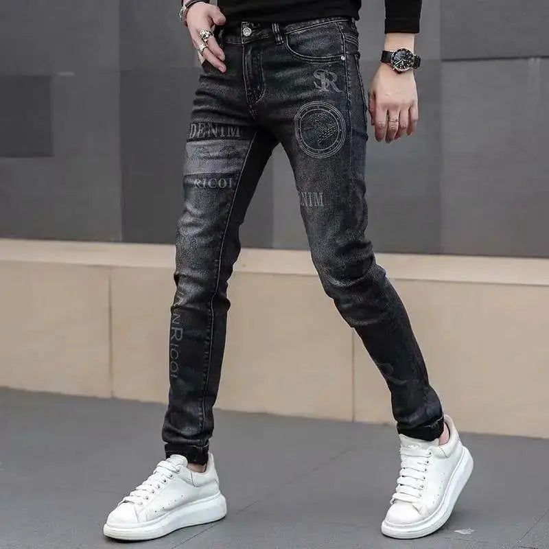 High End Stylish Classic Distinctive Printed Black Stretch Denim Jeans for Men High Quality Slim Fit Stretch Luxury Denim Pants