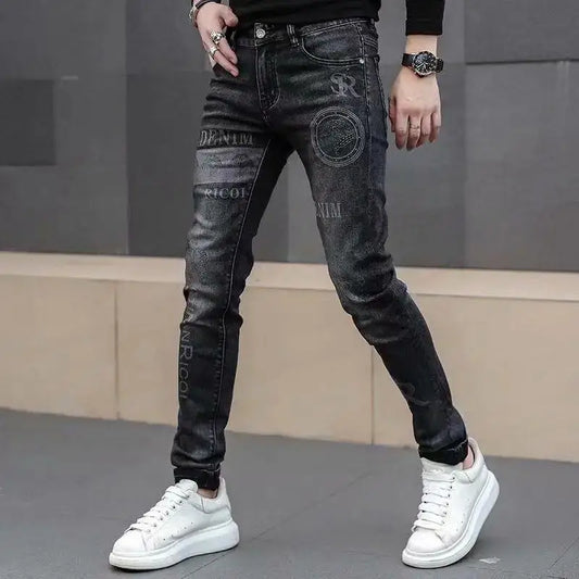 High End Stylish Classic Distinctive Printed Black Stretch Denim Jeans for Men High Quality Slim Fit Stretch Luxury Denim Pants