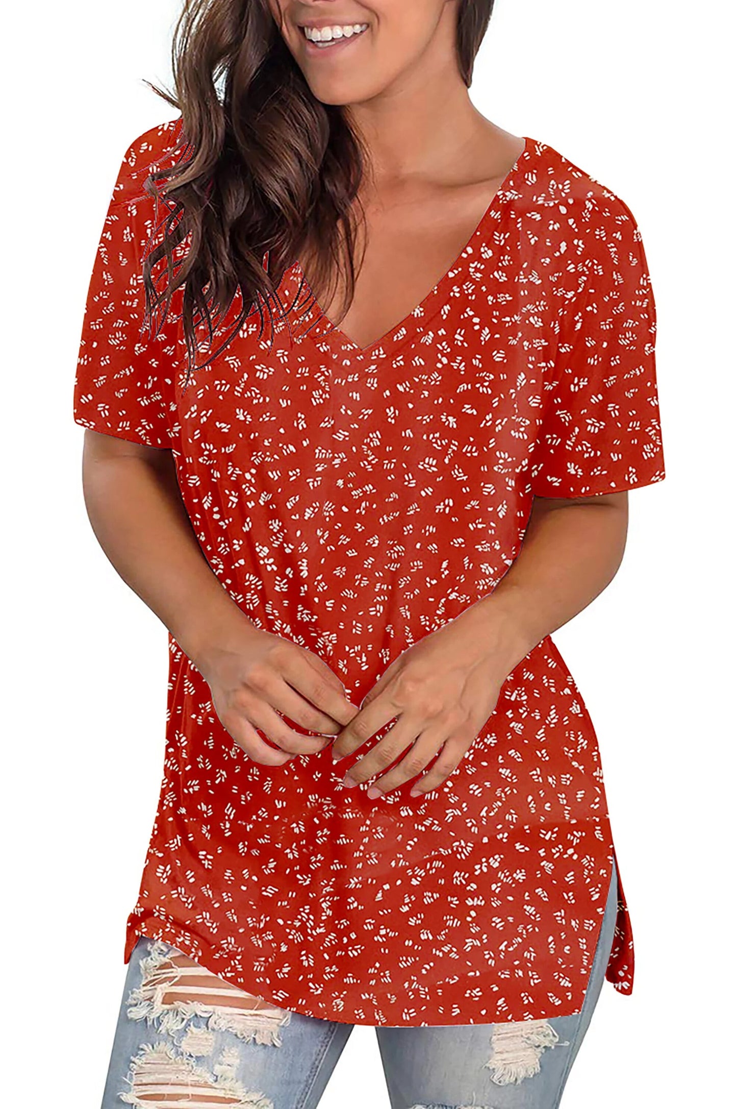 V Neck T Shirts for Women Floral Summer Tops Short Sleeve Shirts Casual Tunic Tops
