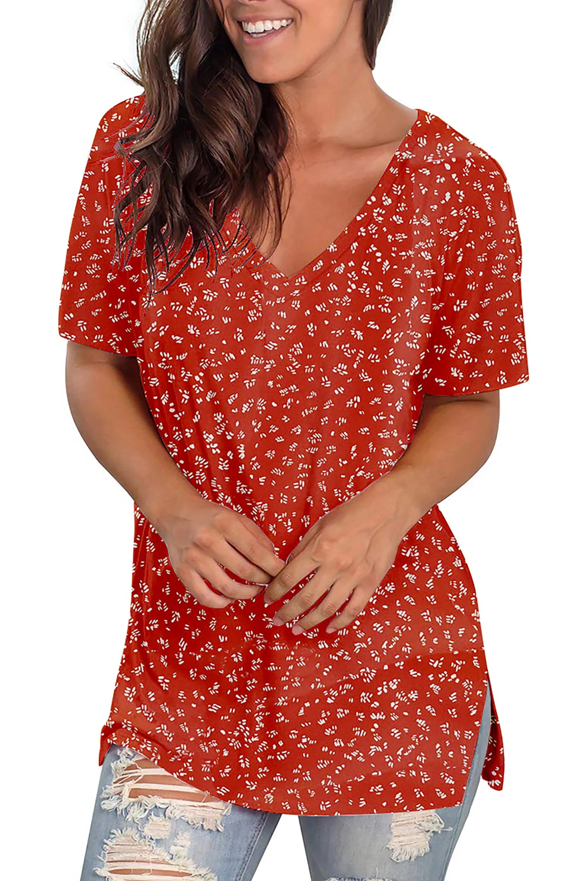 V Neck T Shirts for Women Floral Summer Tops Short Sleeve Shirts Casual Tunic Tops